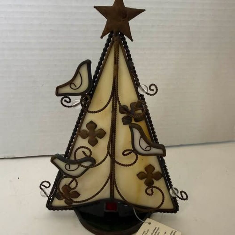 Stained Glass Christmas Tree Candle Holder with Birds